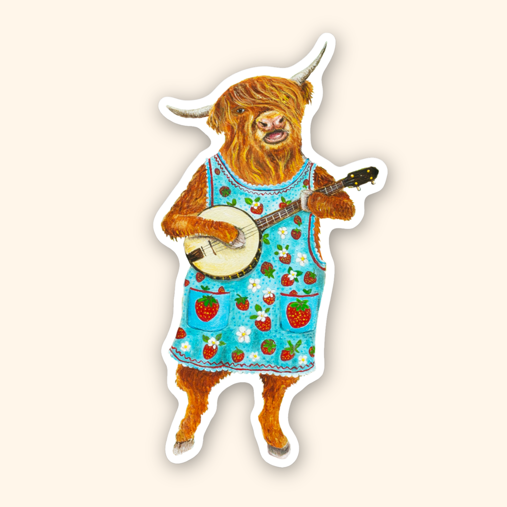 Highland Cow Banjo Gal / Die Cut Vinyl Sticker