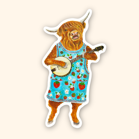 Highland Cow Banjo Gal / Die Cut Vinyl Sticker