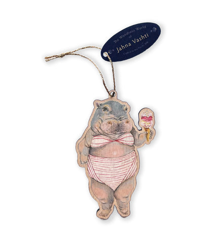 Wooden Hippo in a Bikini Ornament